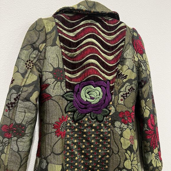 Neslay Paris Women Sz S Jacquard Long Blazer Jacket Black Green Floral Fairy - Picture 7 of 10